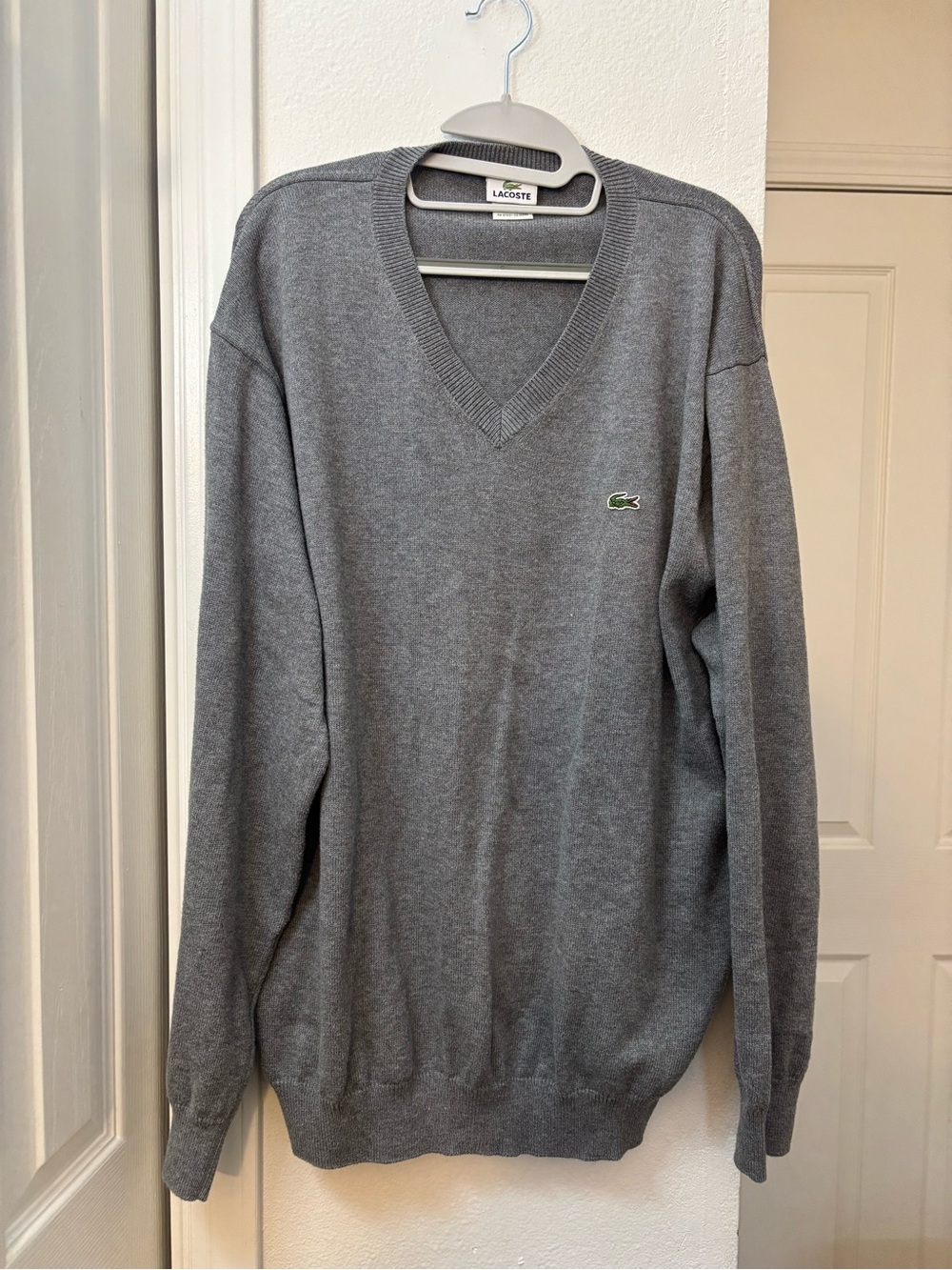 Lacoste Men's Gray V-Neck Sweater with Green Croc Logo